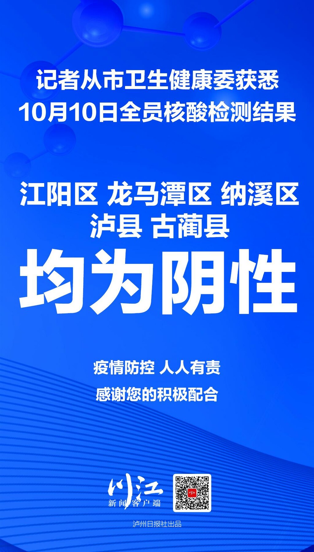 10月10日 泸州市江阳区、龙马潭区、纳溪区、泸县、古蔺县全员核酸检测结果均为阴性-1.jpg